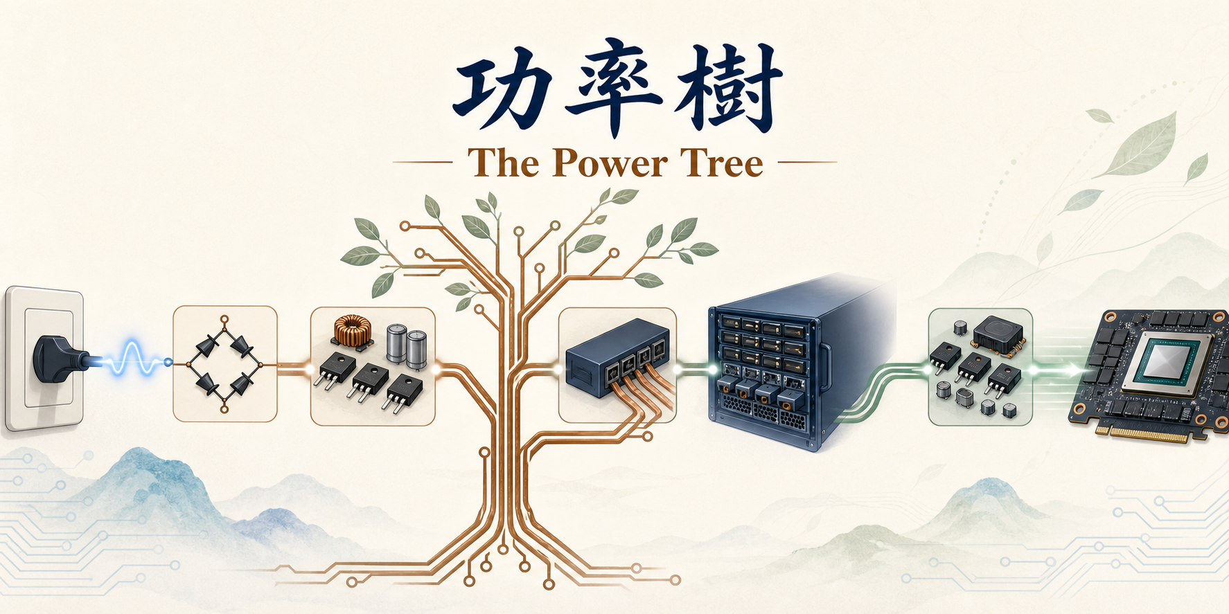 功率樹視覺圖，從插座、整流橋、功率元件、伺服器電源一路連到 GPU。