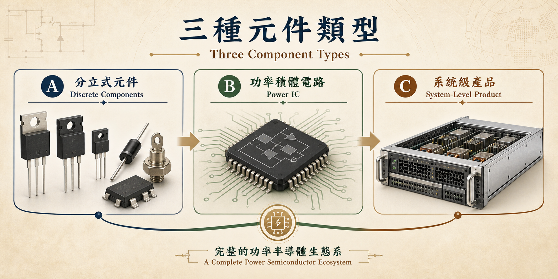 三種元件類型視覺圖，並列呈現離散元件、功率 IC 與系統級產品。