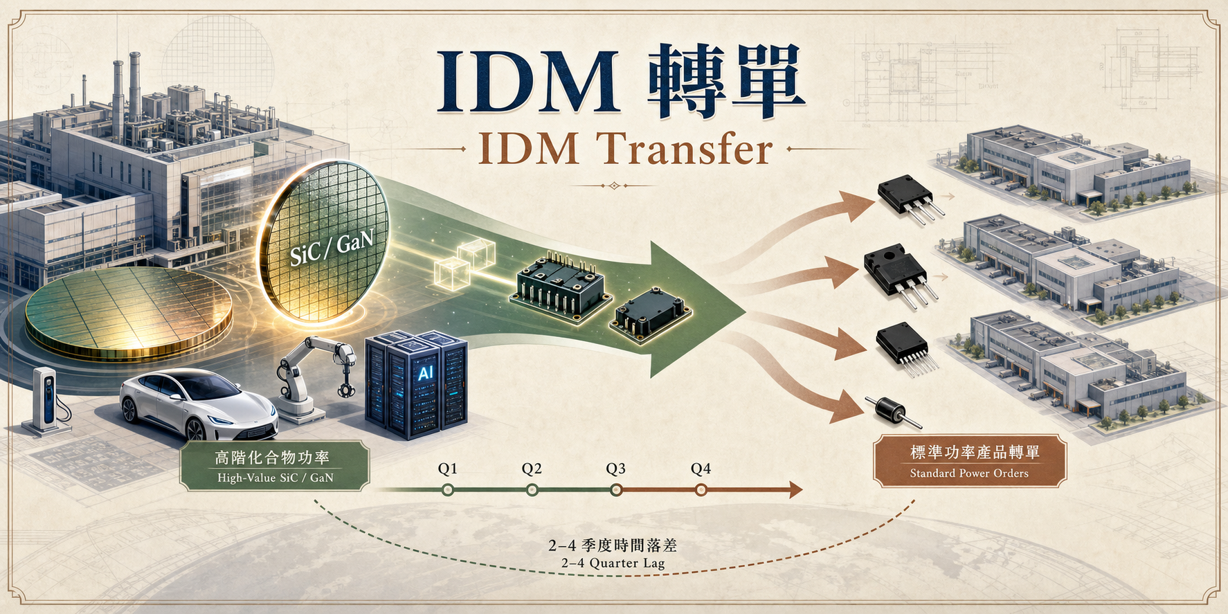 IDM 轉單視覺圖，呈現 IDM 產能轉向 SiC 和 GaN，標準功率元件訂單流向台灣供應鏈。