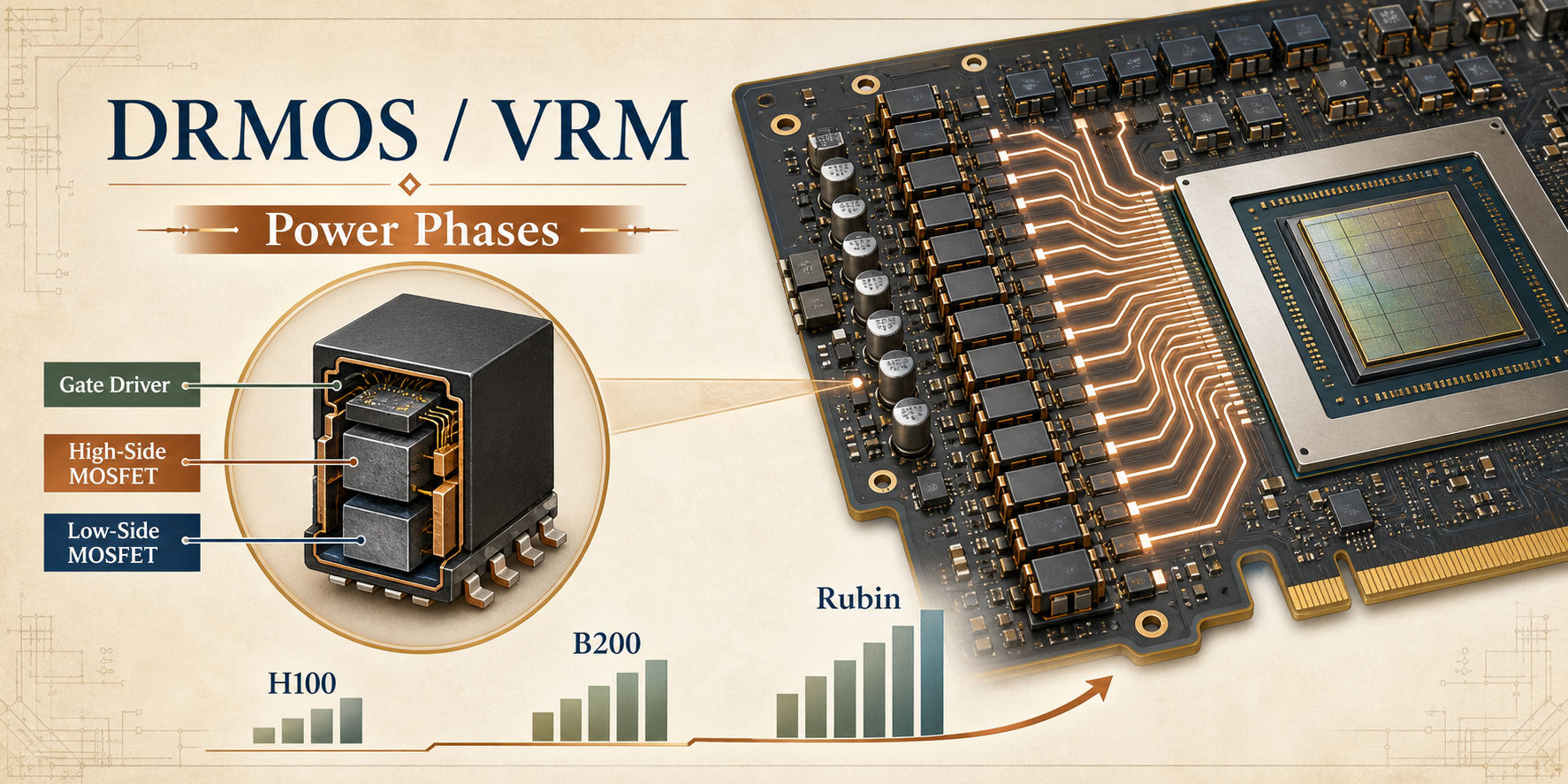 DRMOS 與 VRM 視覺圖，呈現 DRMOS 內部組成、多相供電與 GPU 板端電源路徑。