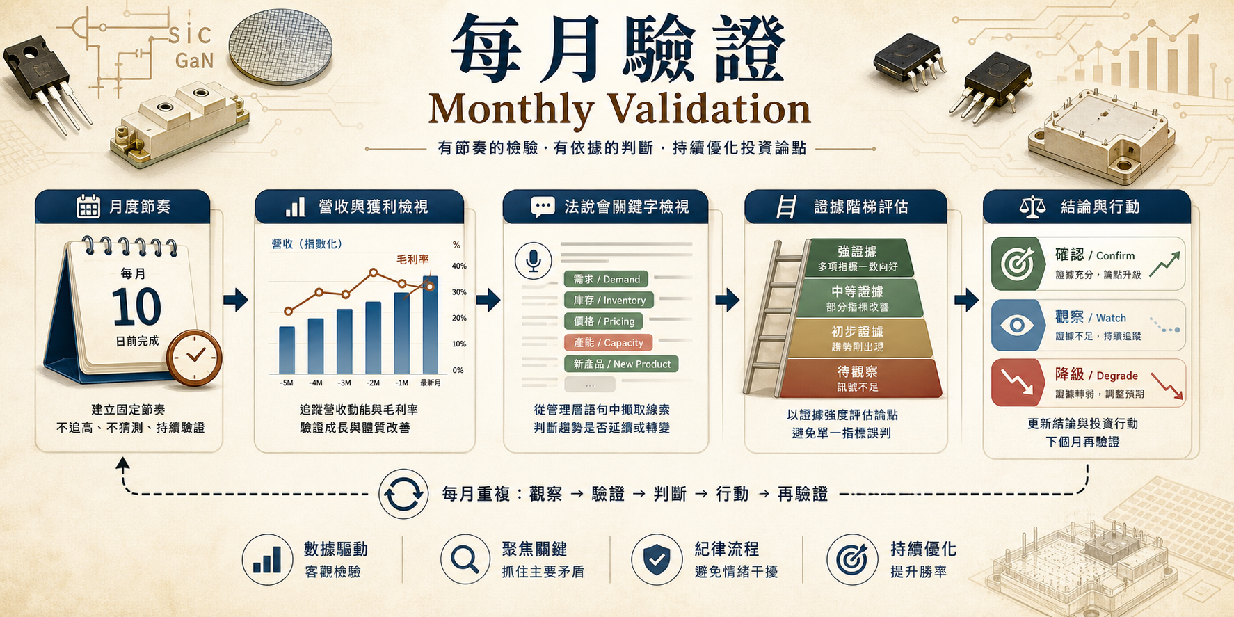 每月驗證工作流程視覺圖，從月營收、法說關鍵字、證據階梯到確認、觀察或降級決策。