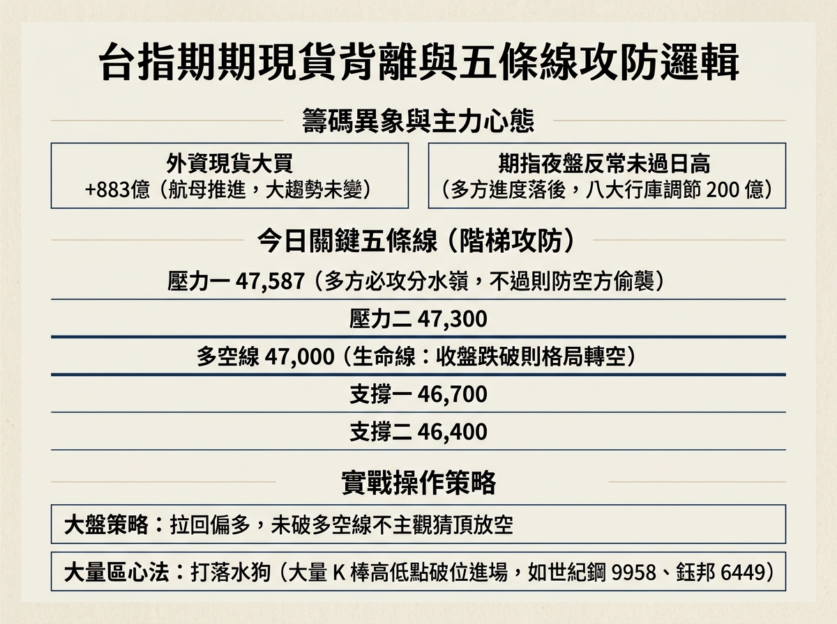 圖 1：台指期期現貨背離與關鍵五條線階梯攻防架構圖（teamtaiwan.win 繪製）