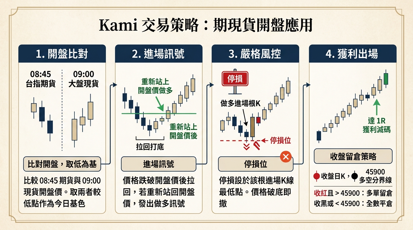 Kami 交易策略：期現貨開盤應用 08:45 / 09:00 跳空 SOP1 決策流程與風控模型