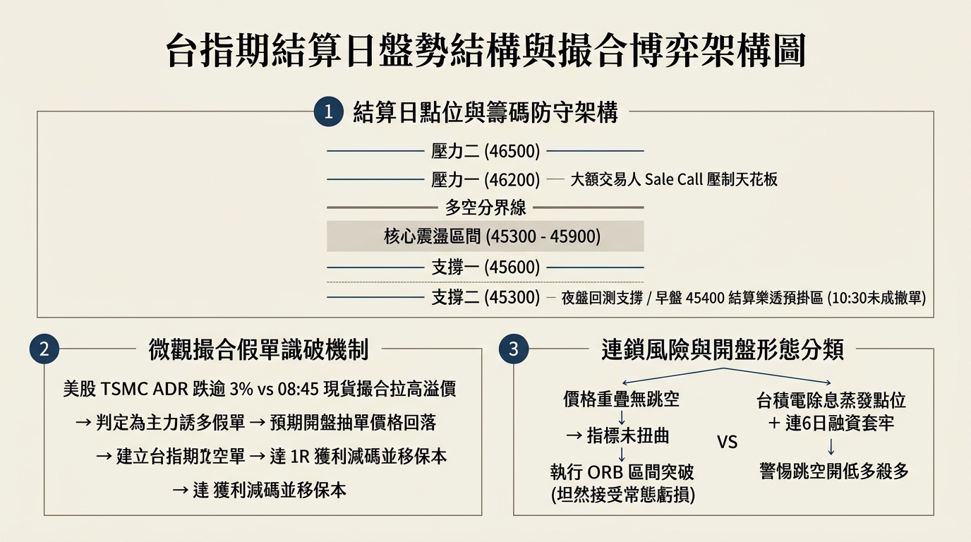 台指期結算日盤勢結構與撮合博弈架構圖