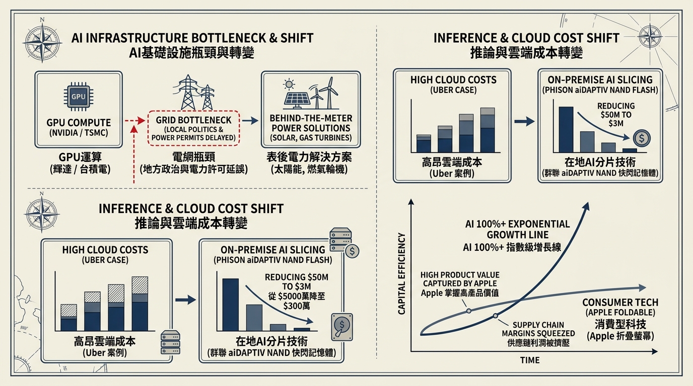 AI 基建瓶頸、地端推論與資金配置轉變圖