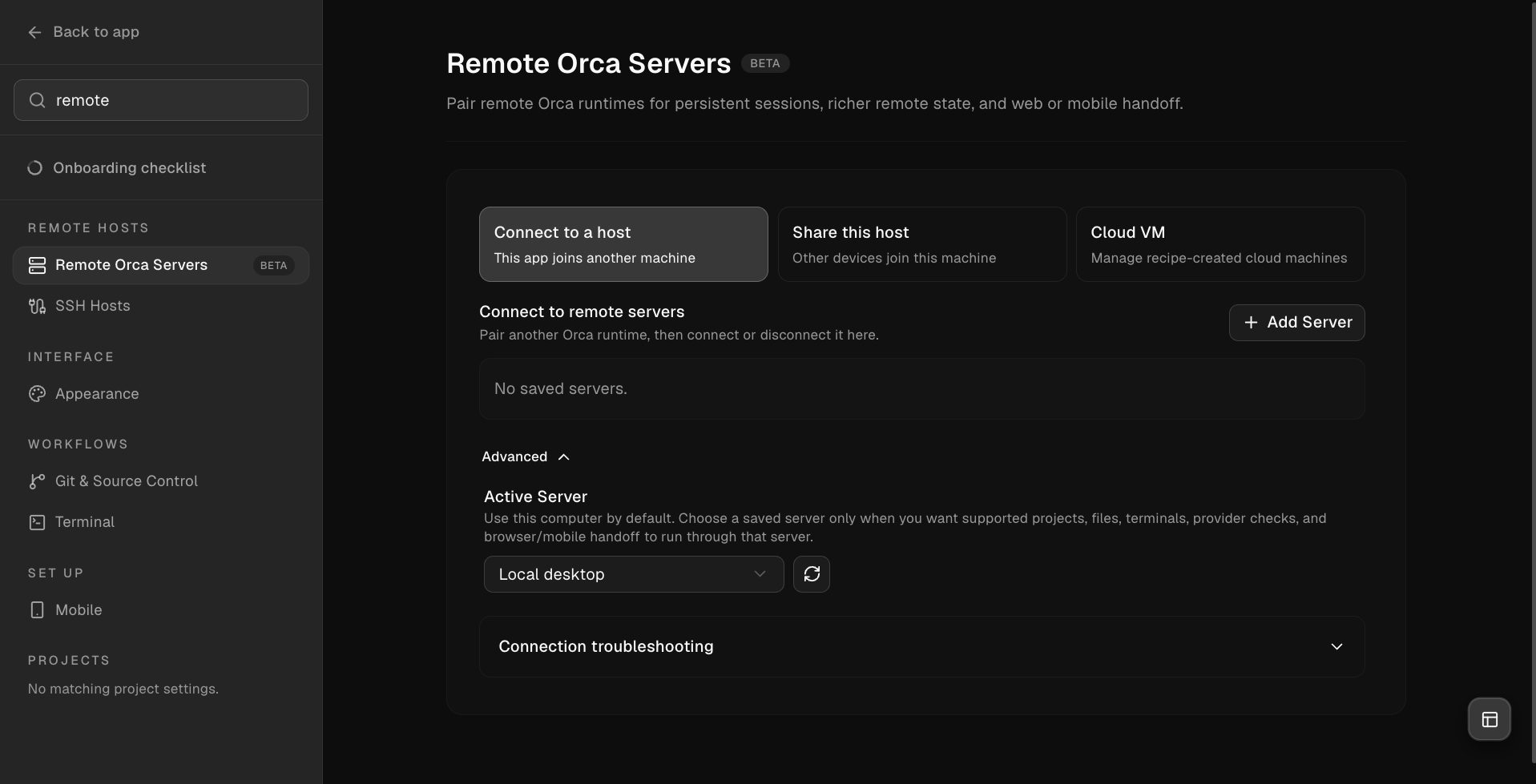 Orca Remote Orca Servers 頁面，包含 Connect to a host、Share this host 與 Mobile 入口